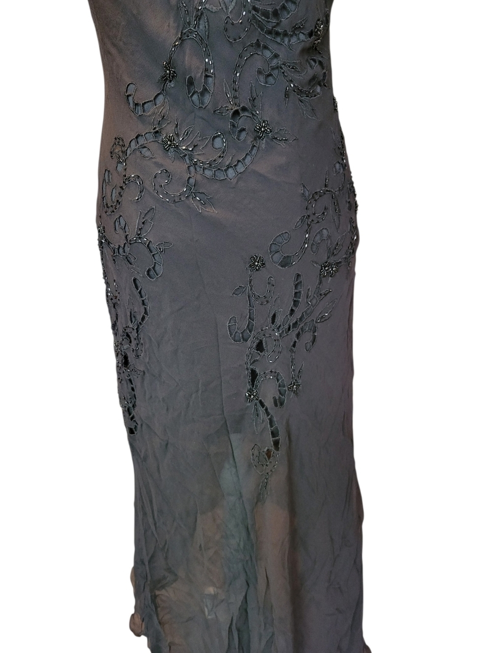 Vtg 90s Y2K Marina 100% Silk Black Beaded Vneck Asymmetrical Hem Evening Dress - Picture 9 of 10